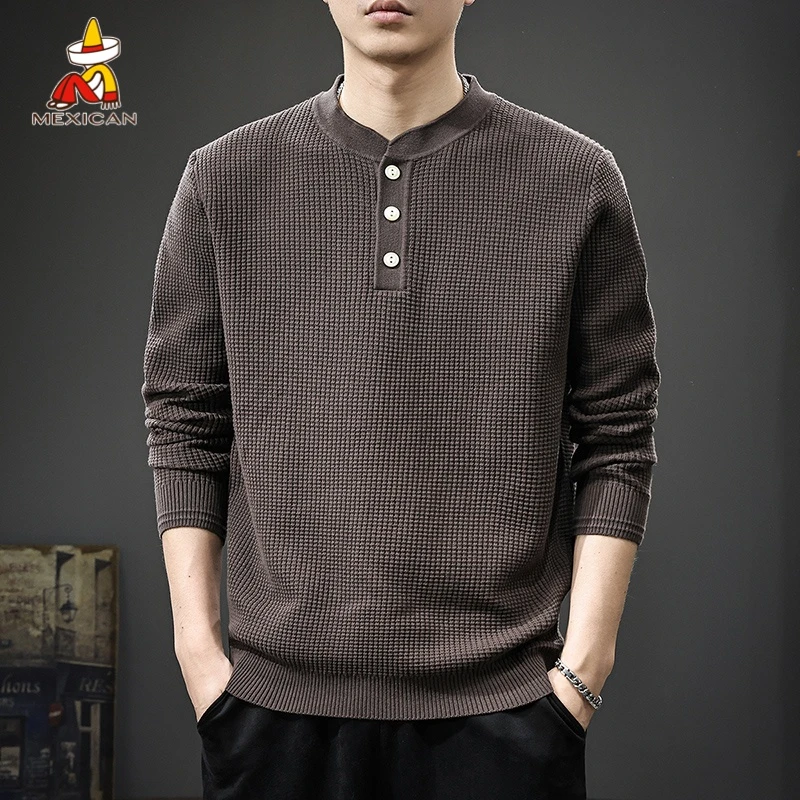 Mexican/稻草人秋冬亨利领长袖针织衫男款美式宽松休闲复古毛衣潮