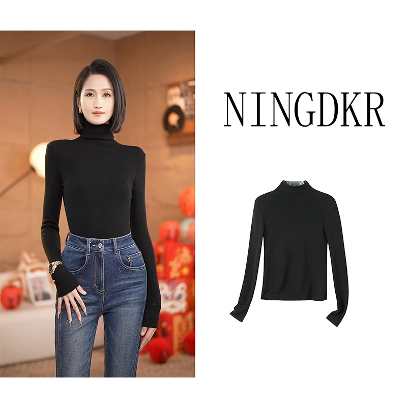 黛A31007高领堆堆领针织打底衫女秋冬内搭可外穿毛衣修身显瘦上衣