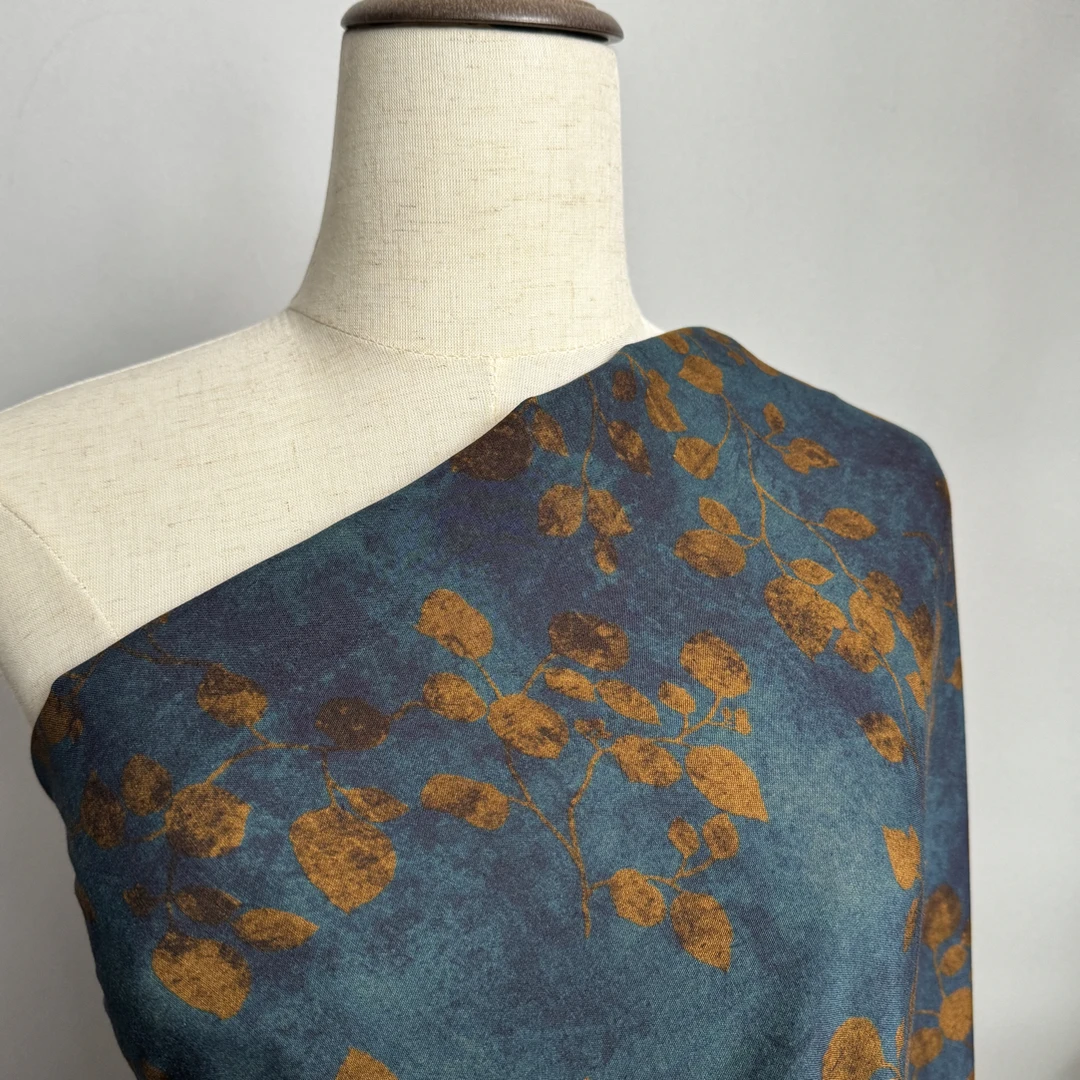 雕印【孔雀蓝落叶】睡衣连衣裙套装棉绸面布料，不支持七天无理由