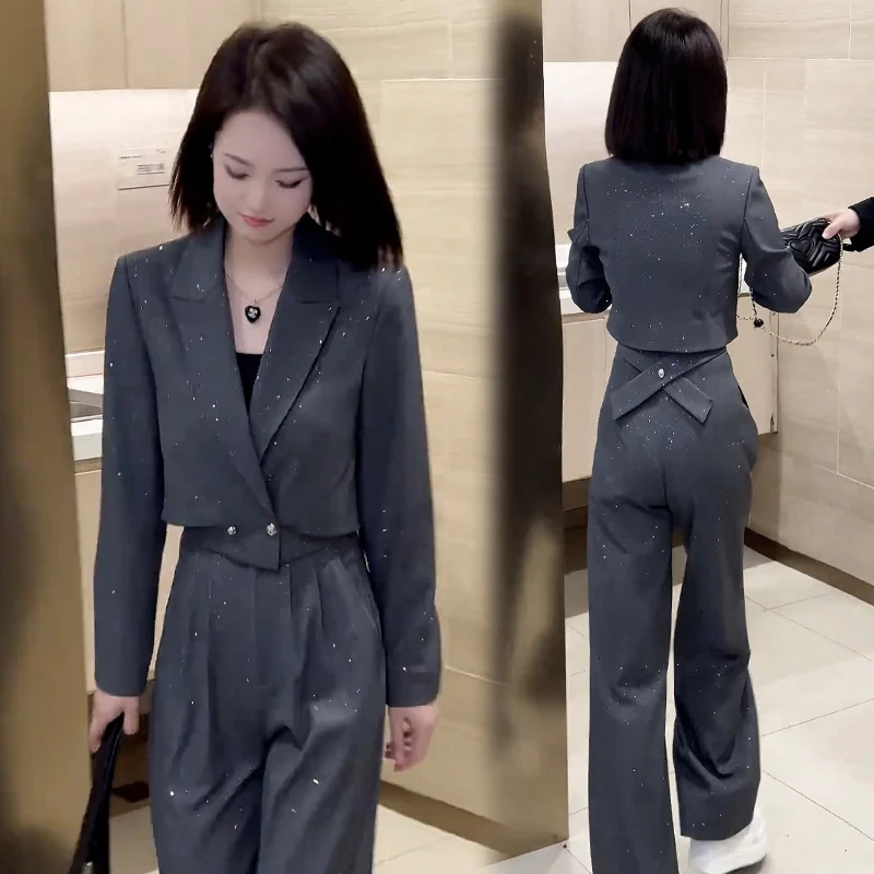 休闲套装女2025春秋新款时尚百搭高级感西装领上衣+阔腿裤两件套