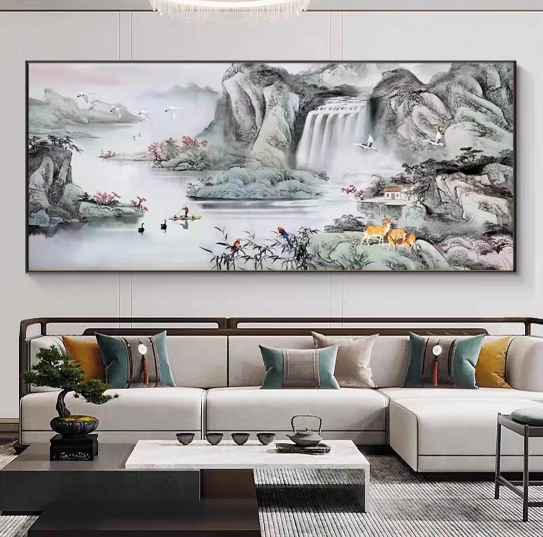 客厅装饰画现代简约沙发背景墙挂画壁画横版中式山水画大气风景