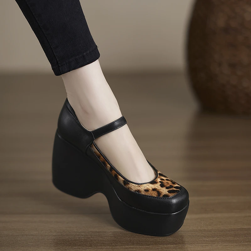 小个子手工女鞋9cm~2025新款不累脚高跟鞋单鞋女豹纹厚底玛丽珍鞋