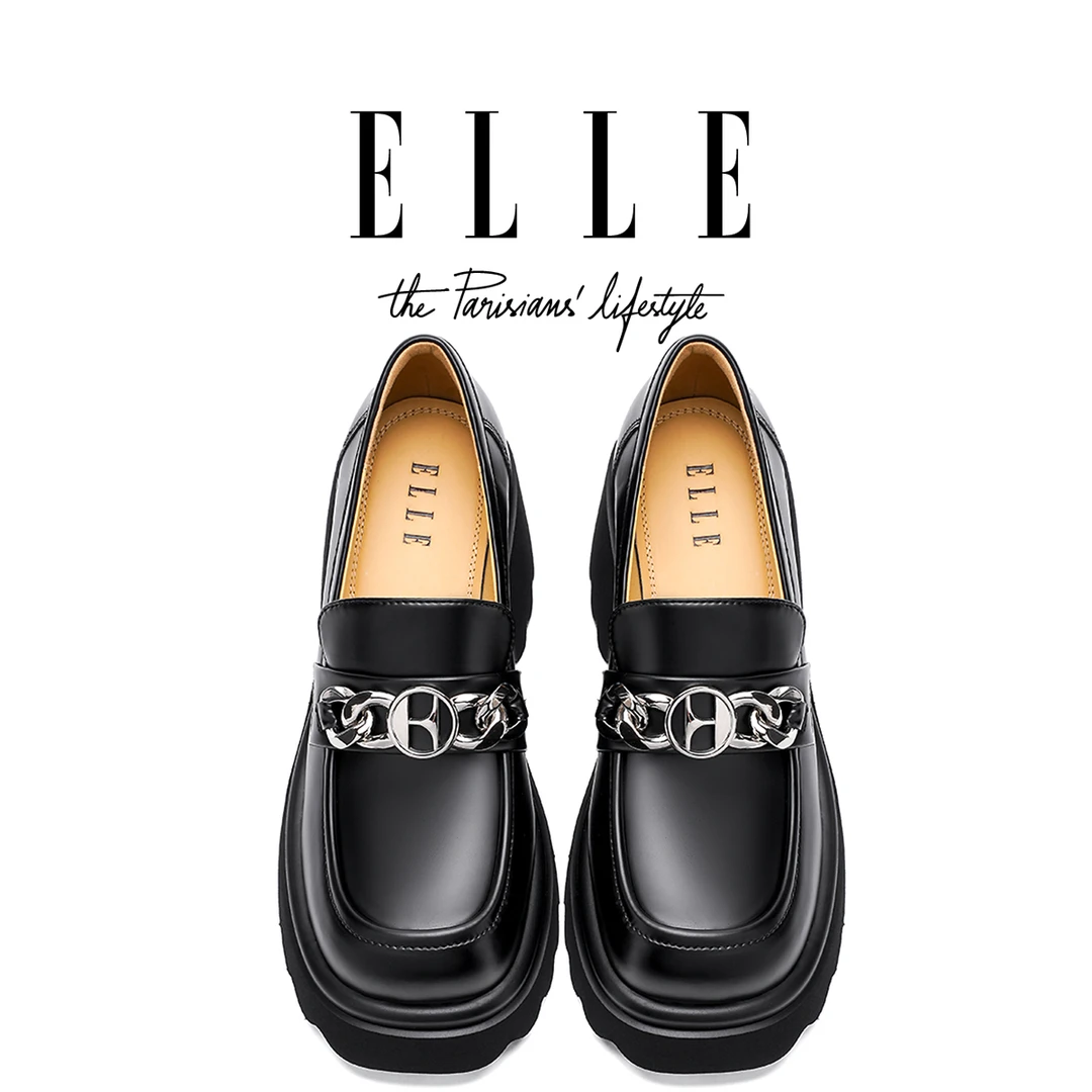 ELLE厚底增高乐福鞋女2025新款粗跟配裙子小皮鞋真皮法式黑色单鞋
