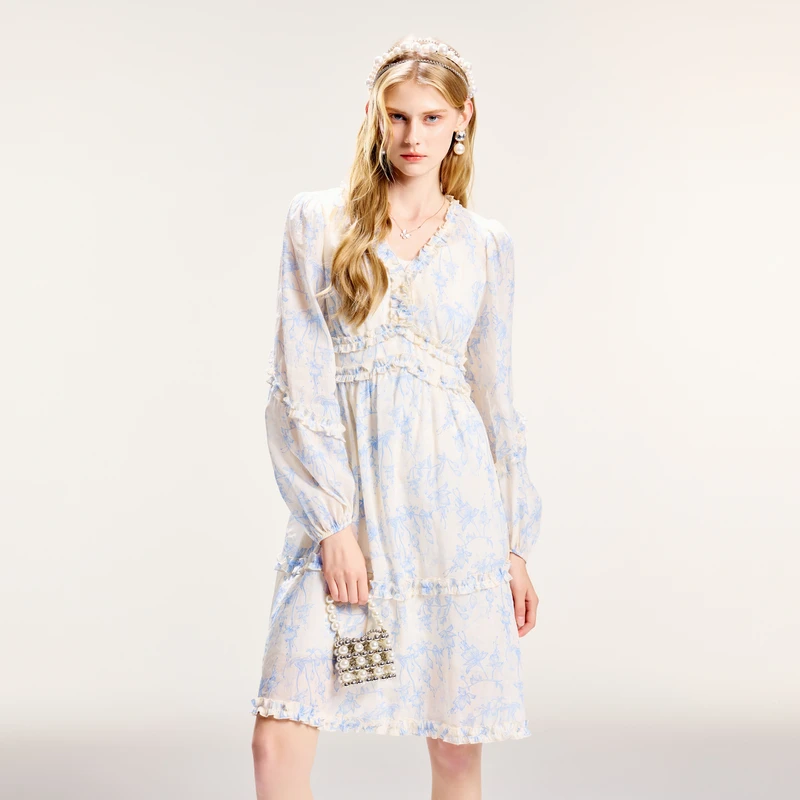 MISSCOCOON可可尼荷叶边V领印花连衣裙2025秋季新款女士度假气质