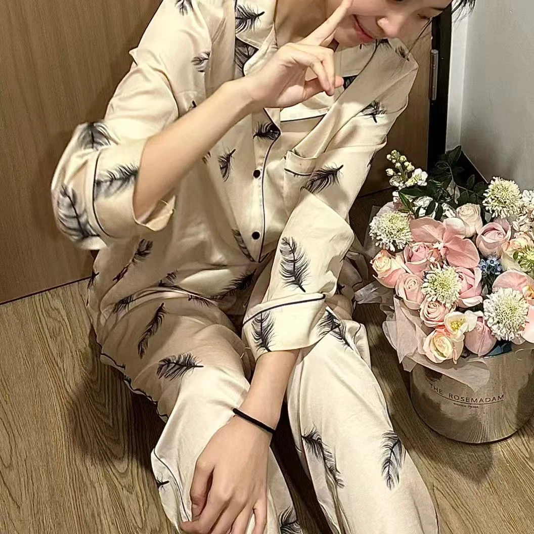 水光丝滑宽松女士睡衣春秋家居服套装 网红长袖韩版