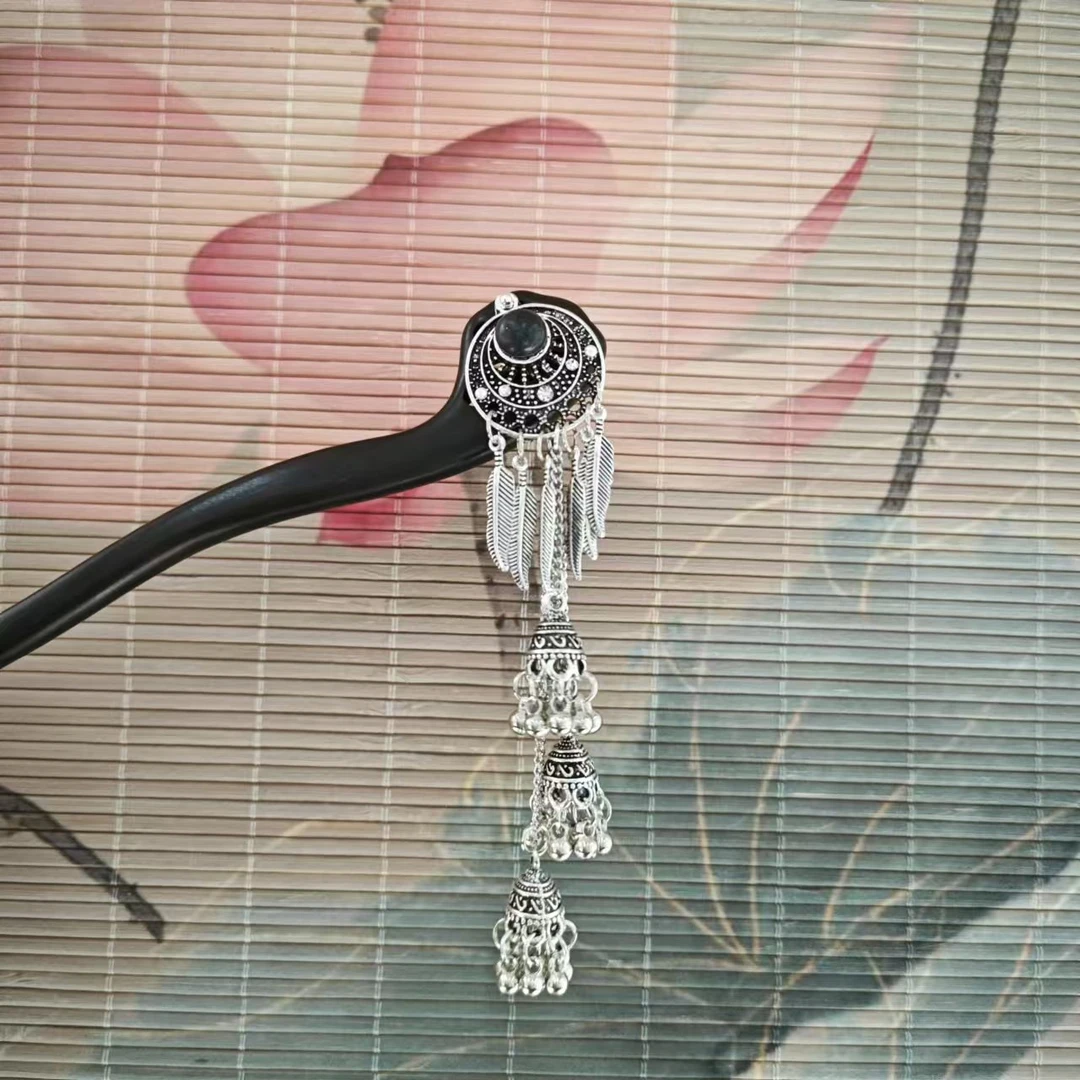 J387黑色风铃流苏吊坠气质百搭发簪