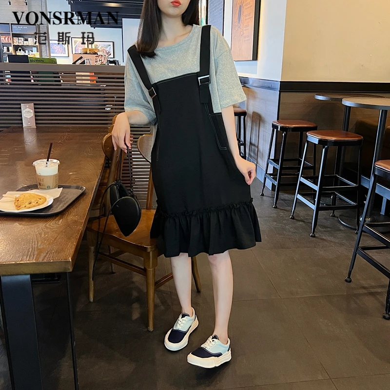 法式吊带拼接假两件连衣裙女2025夏季新款设计感宽松圆领短袖裙子