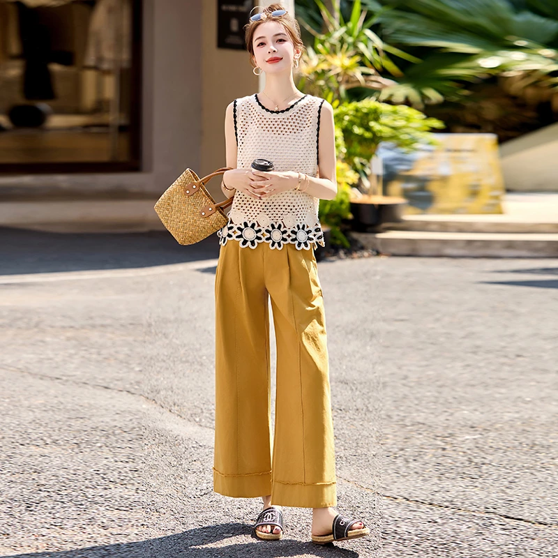 高级感阔腿裤套装女2025夏季新款洋气镂空无袖上衣吊带裤子三件套