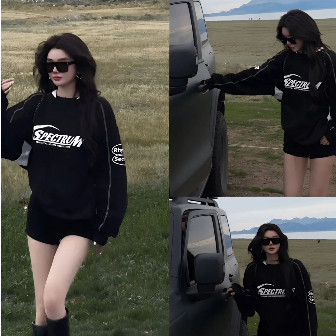 新款春秋季韩风宽松显瘦时尚休闲长袖印花ins中长款黑色百搭卫衣