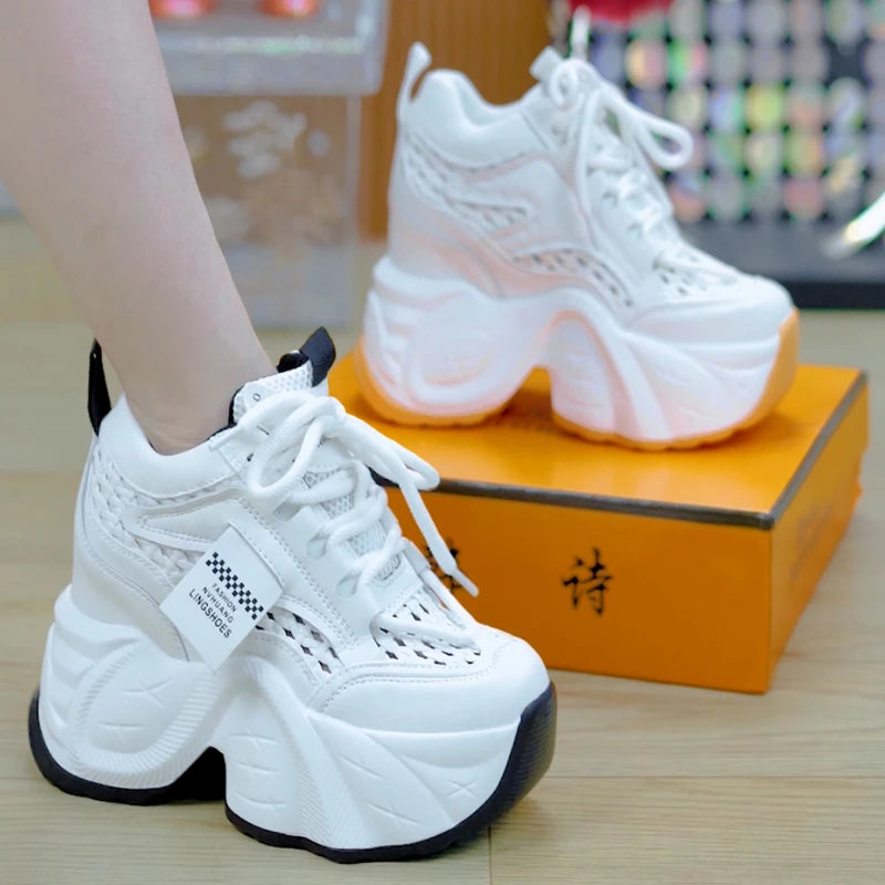 10cm编织镂空系带厚底老爹鞋女2025夏季小个子百搭增高休闲运动鞋