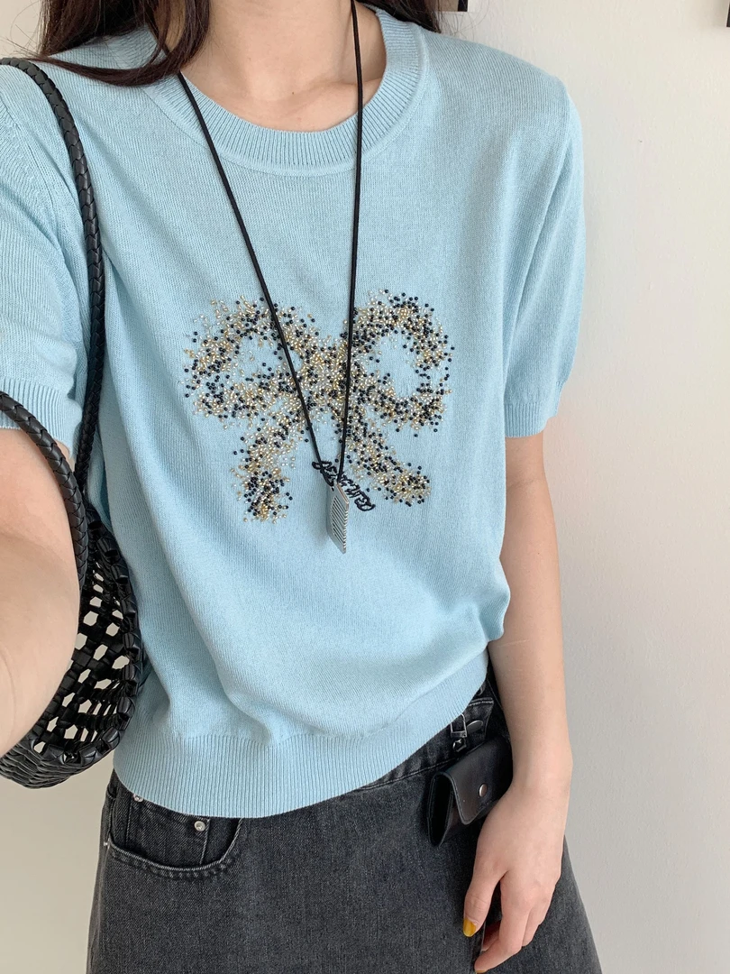 【DUODUO  689933】新款小众短袖女重工串珠设计款亚麻莱赛尔针织衫