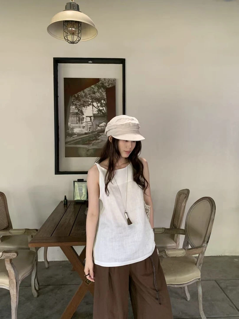 abow@2857 韩系简约扭肩宽松无袖背心上衣（30麻➕70天天）6-7