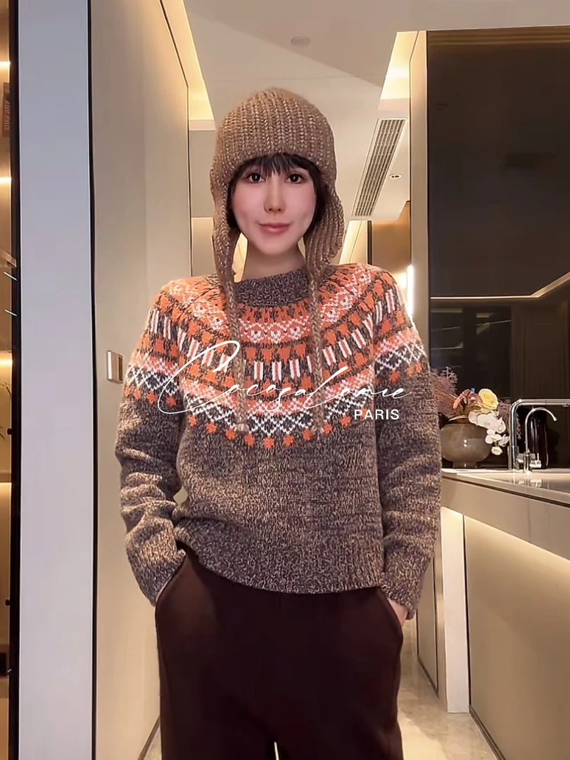 韩彬彬"挪威"100绵羊毛费尔岛系列设计撞色百搭针织毛衣3051-6