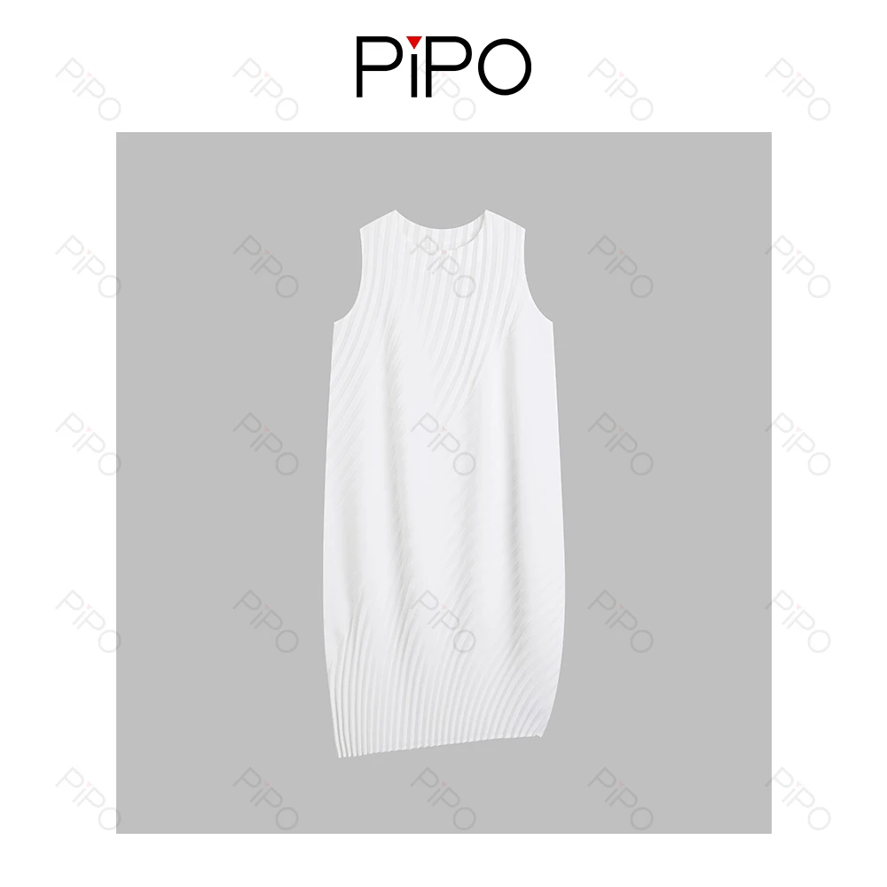 PIPO连衣裙纯色法式无袖设计师显瘦麻花褶皱裙宽松时尚DD52L468