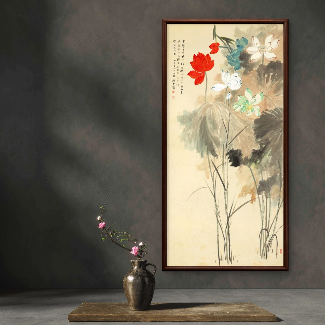 9751-55*110五色荷花中式装饰画实木框玄关书房茶室客厅挂画