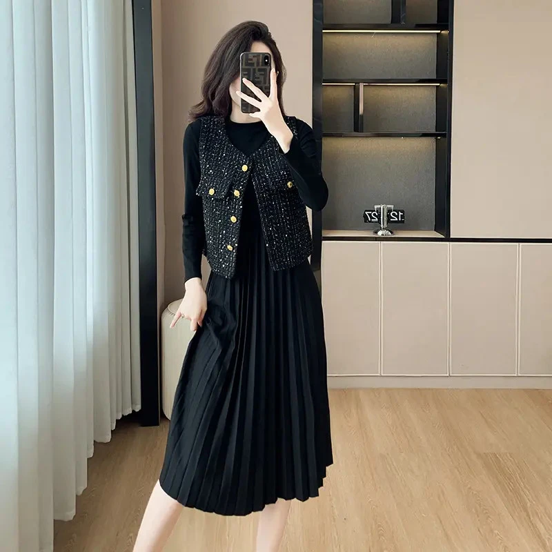 大码胖mm时尚马甲连衣裙两件套女2025春秋新款气质高级感洋气套装