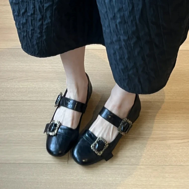 牛皮版！浅口百搭一字扣平底玛丽珍鞋女2025新款复古水钻低跟单鞋