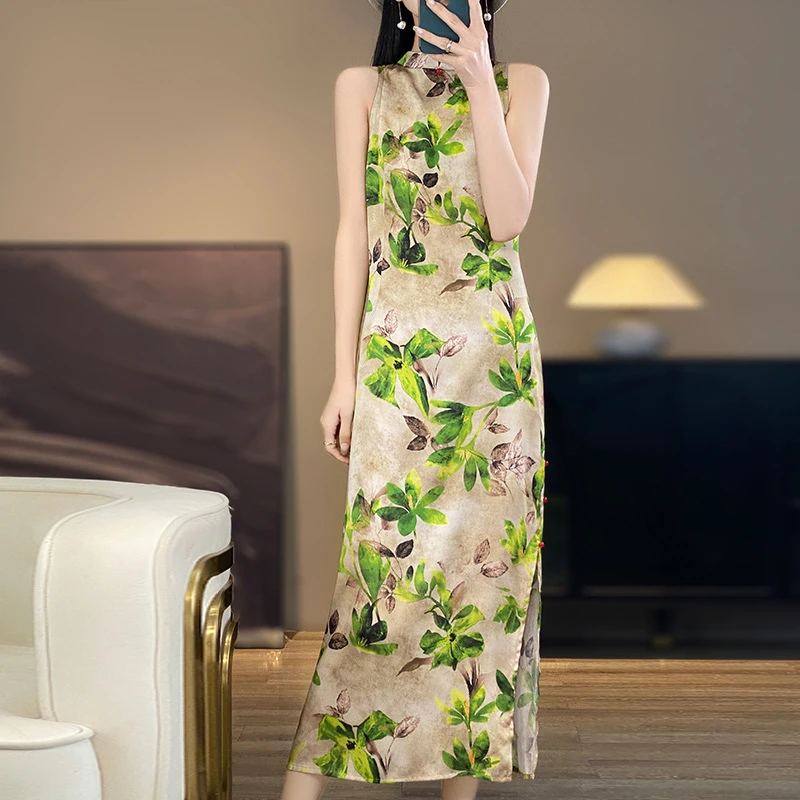 丝绸缎面2025春夏新款女旗袍领长款连衣裙气质旗袍裙开叉无袖吊带