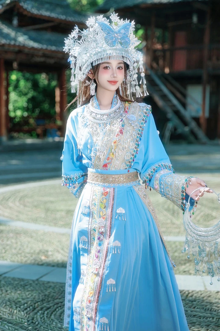 苗疆民族苗族清新服装全套超仙整套套装少女写真蓝色显瘦民族风