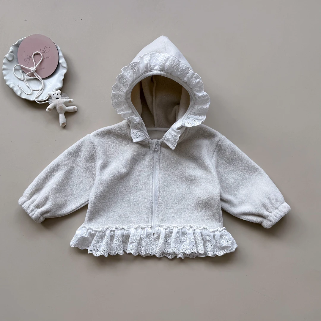 【花边连帽卫衣】2025婴童春秋款韩版女宝宝绒感连帽花边外套24216