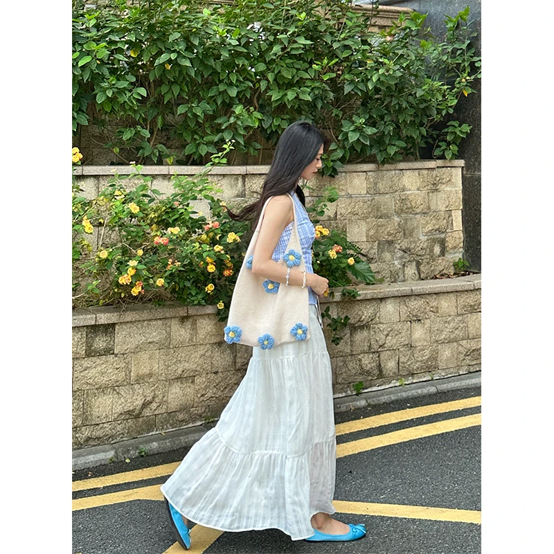 六指导 油画栀子 温柔减龄高腰白色中长裙百搭少女感大摆半身裙夏