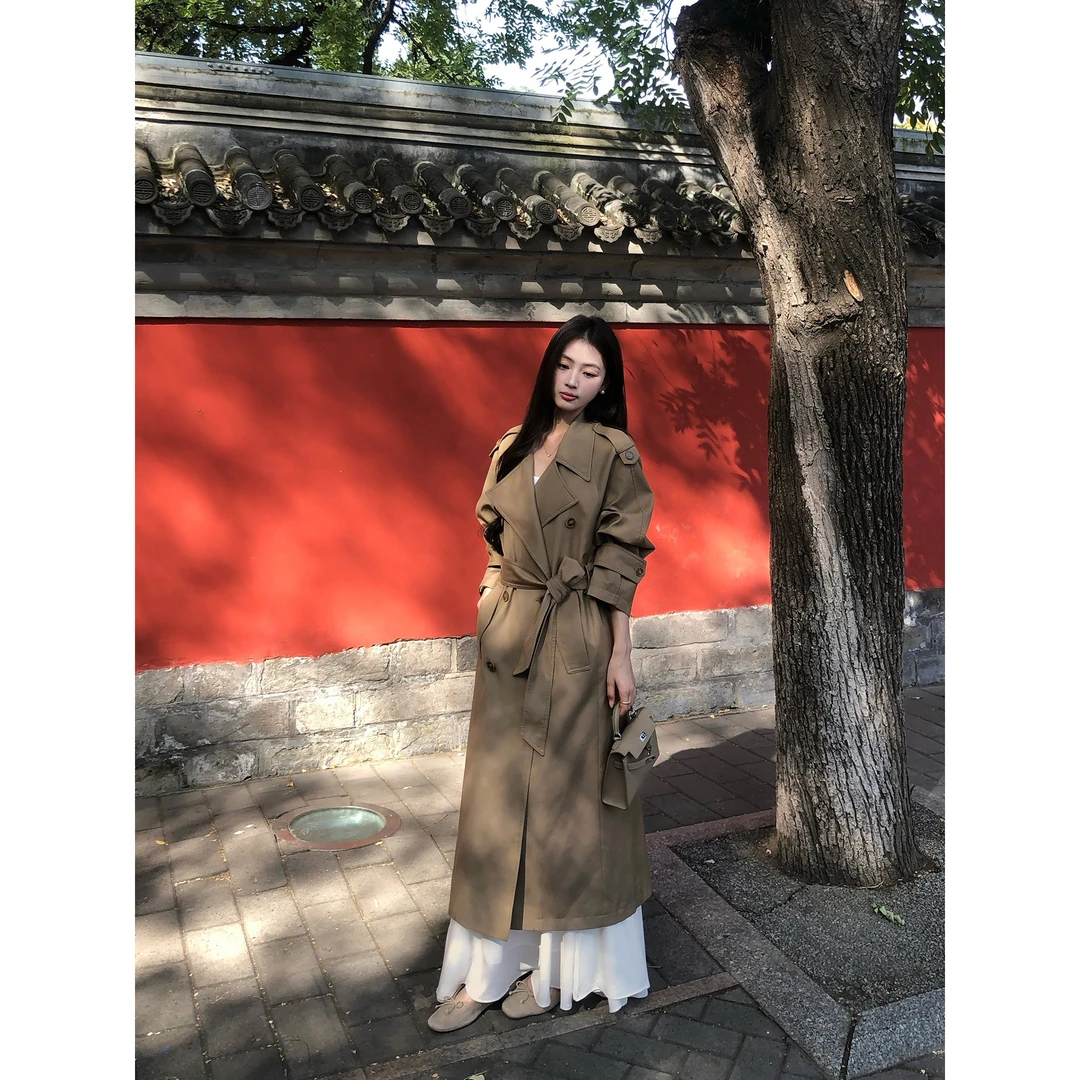 pusumede row风格调 经典廓形翻领大衣女气质收腰中长款风衣外套