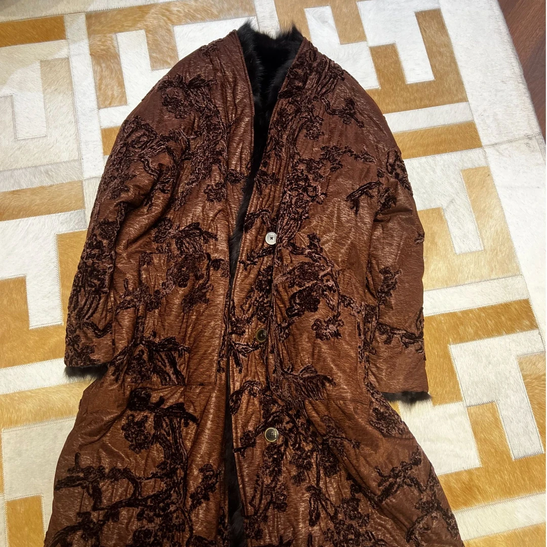 咖色中长款富婆款老钱风两面穿宽松大码外套多巴胺貂皮大衣25039