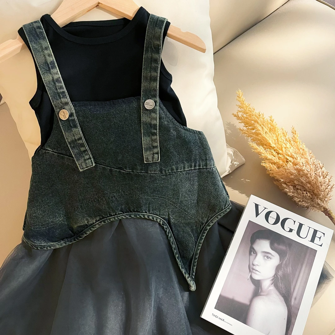 韩国童装女童背心裙夏季洋气女宝宝水洗时髦儿童拼接网纱裙子休闲