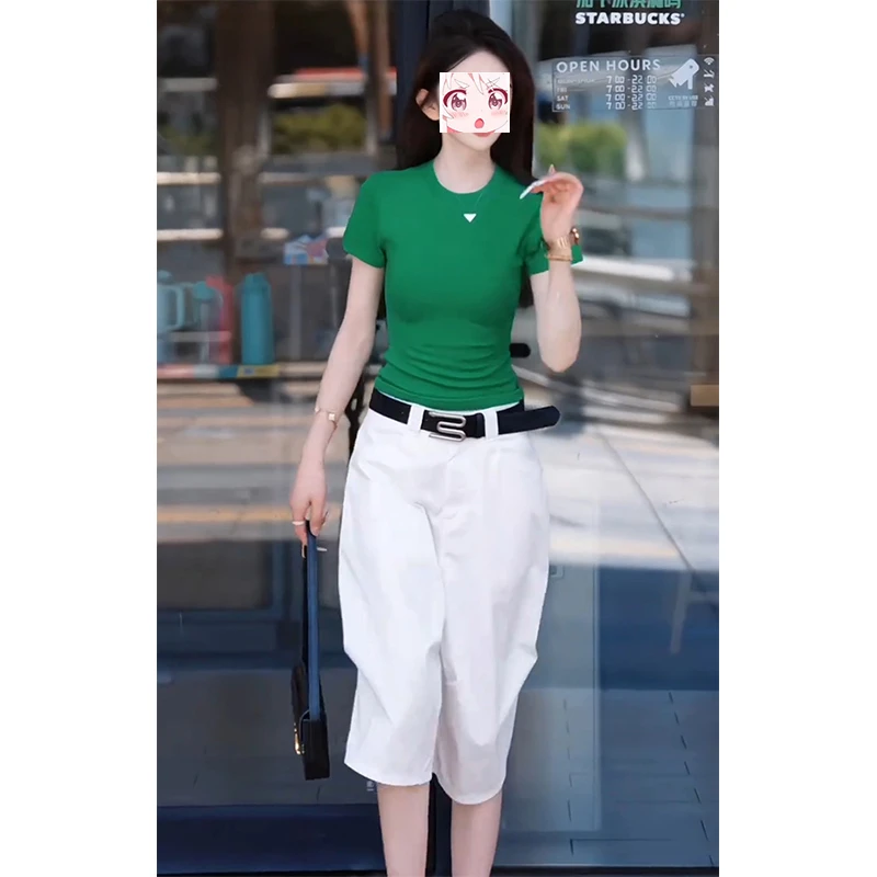 盐系小个子显高穿搭简约修身纯色圆领短袖t恤高腰六分裤子两件套