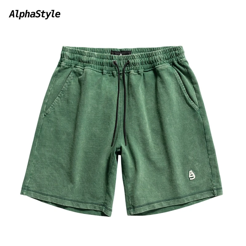 alphastyle潮牌夏季潮流雪洗做旧休闲短裤纯棉透气百搭绣章款短裤