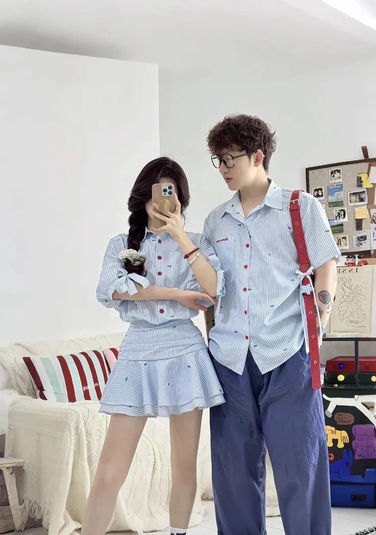 小众设计感情侣装夏季韩版短袖衬衫男女连衣裙法式一裙一衣ins潮