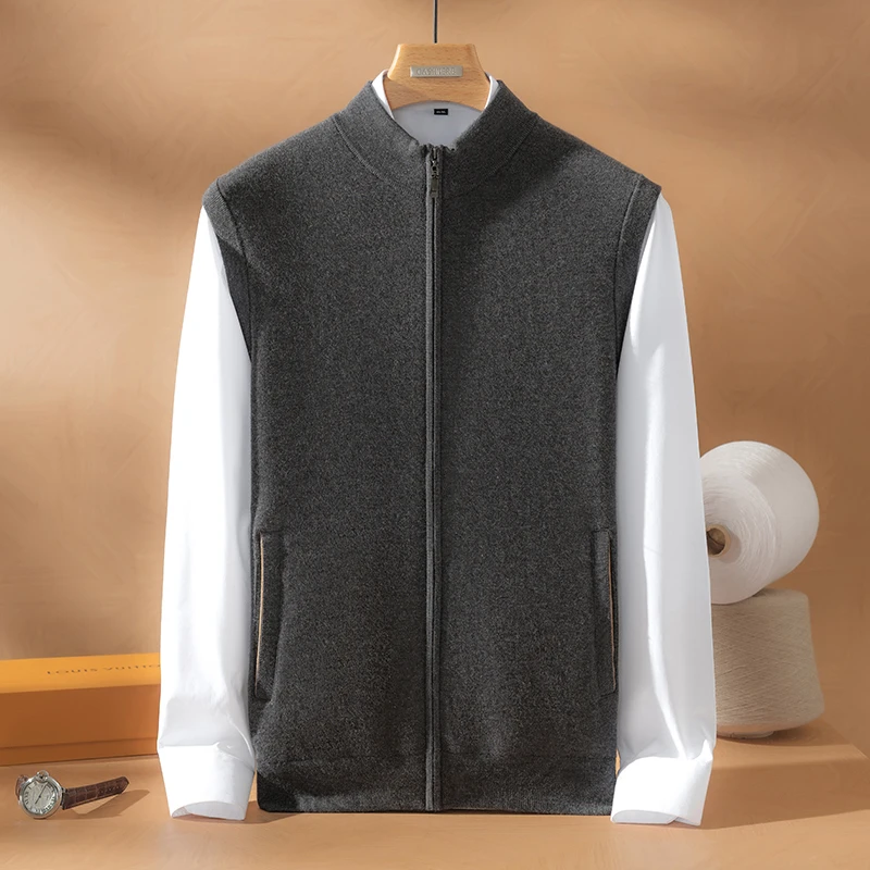 【不议价】男士480克68支精纺纯山羊绒马甲半高领商务休闲无袖开衫