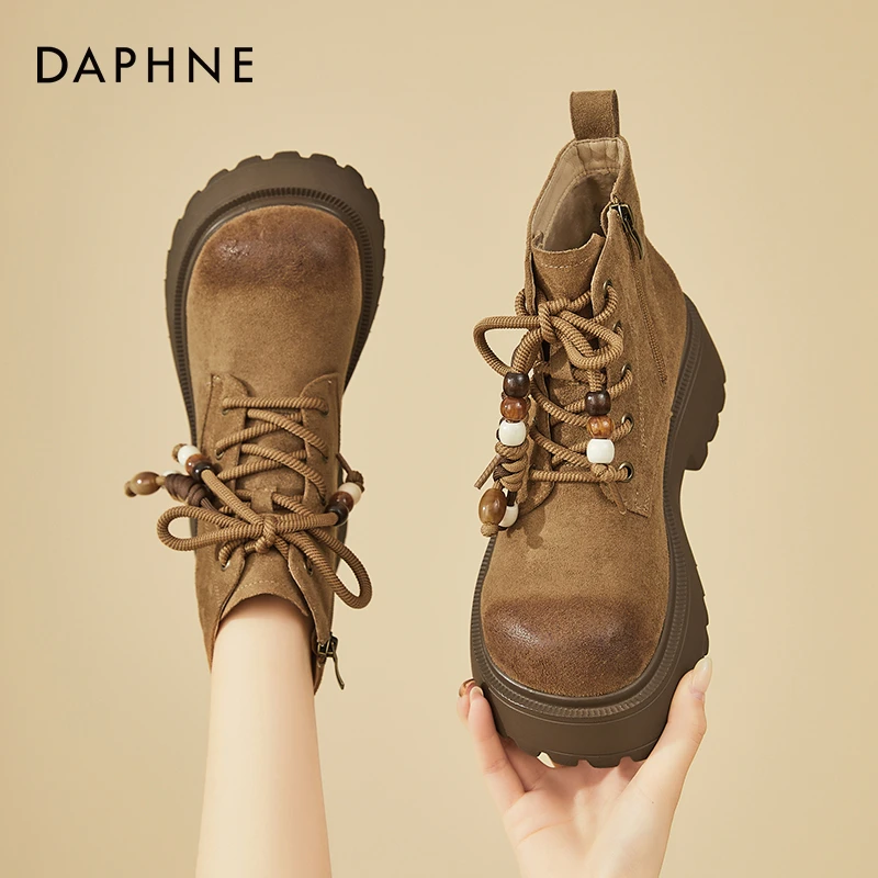 达芙妮厚底马丁靴女短靴秋冬靴子2025新款加绒英伦风大黄靴增高女