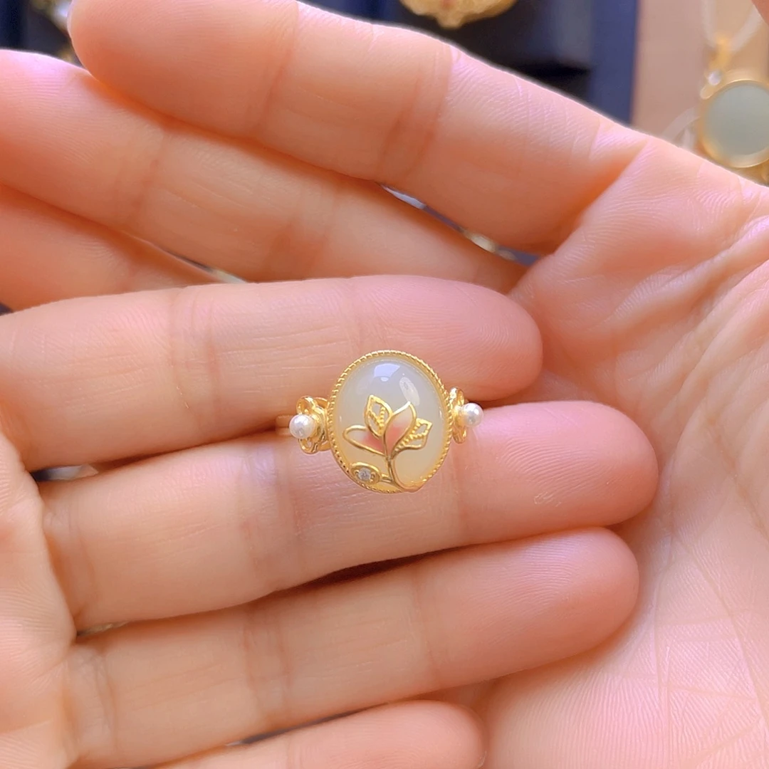 和田玉戒指银S925镀金镶嵌