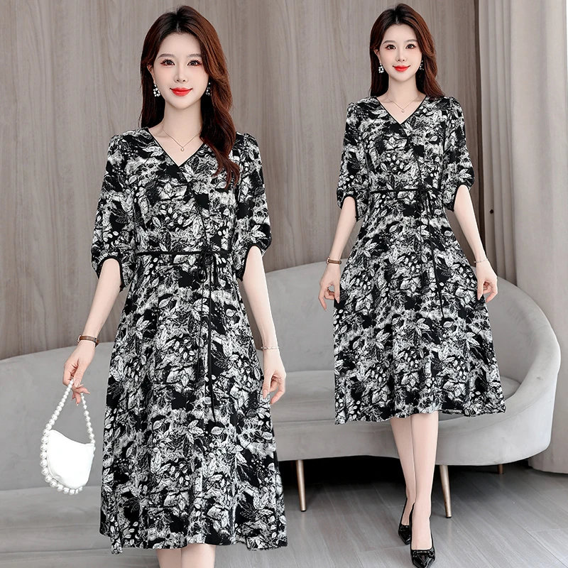 59683新款碎花连衣裙长裙过膝复古修身显瘦款妈妈装连衣裙