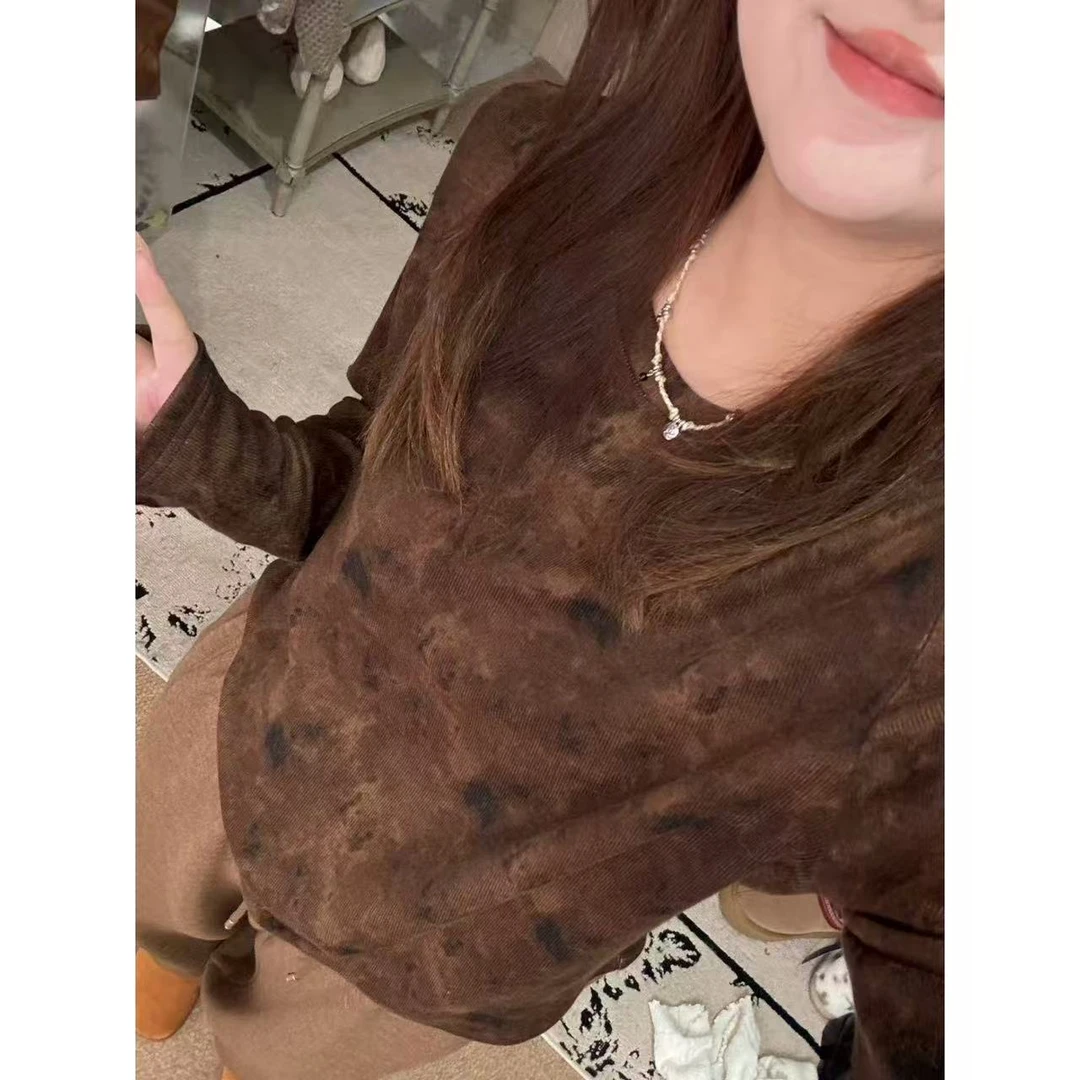 晶咕佳佳【晕染爱好者】晕染色圆领长袖打底T恤时尚休闲百搭小版