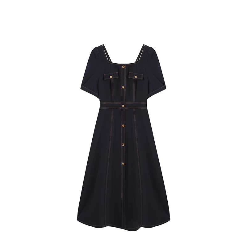 【五季家】微胖女生穿搭夏气质设计感藏露肩收腰连衣裙裙子ZL53650