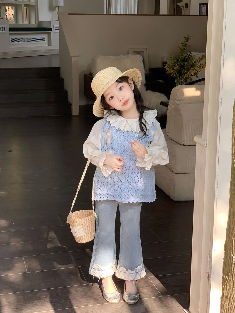 2025韩版春季新款女童时尚欧若风针织马甲背心 洋气衬衫 牛仔裤