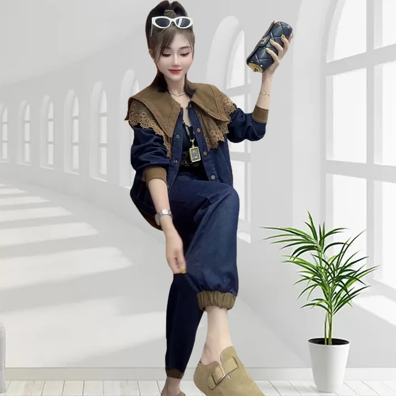 秋季时尚显瘦气质牛仔套装6699新款休闲洋气拼接翻领外套+束脚裤