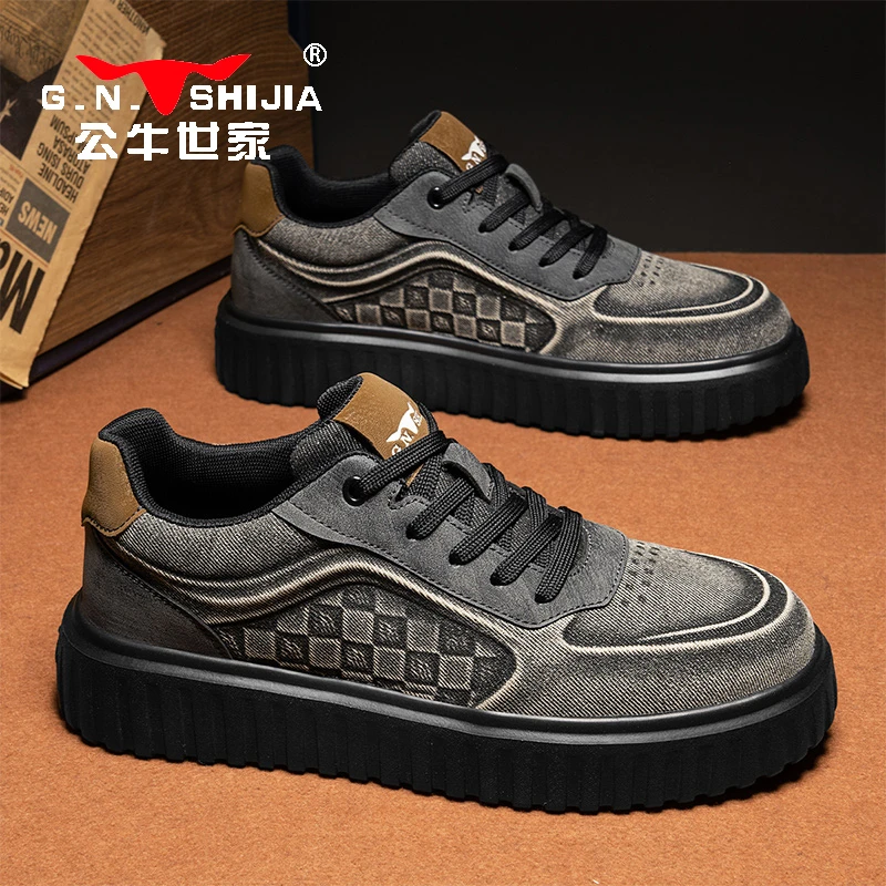 公牛世家男鞋2025春季新款牛仔帆布百搭板鞋男士增高厚底德训潮鞋