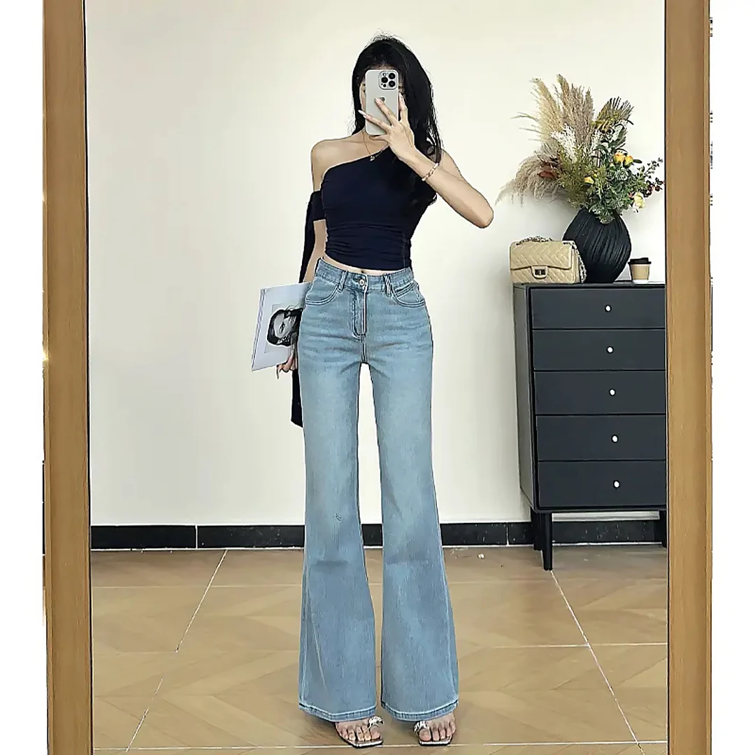 海蓝高腰不贴腿微喇牛仔裤女春夏秋新款时尚显瘦通勤女装长裤