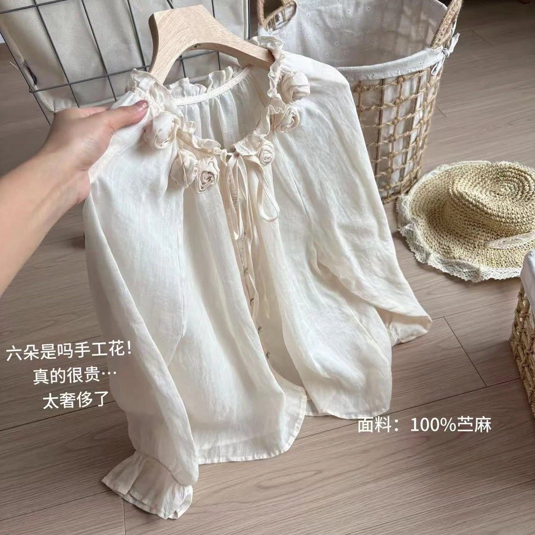 小柒家A00111-夏季新款韩式立体花朵领系带喇叭袖单排扣苎麻衬衫