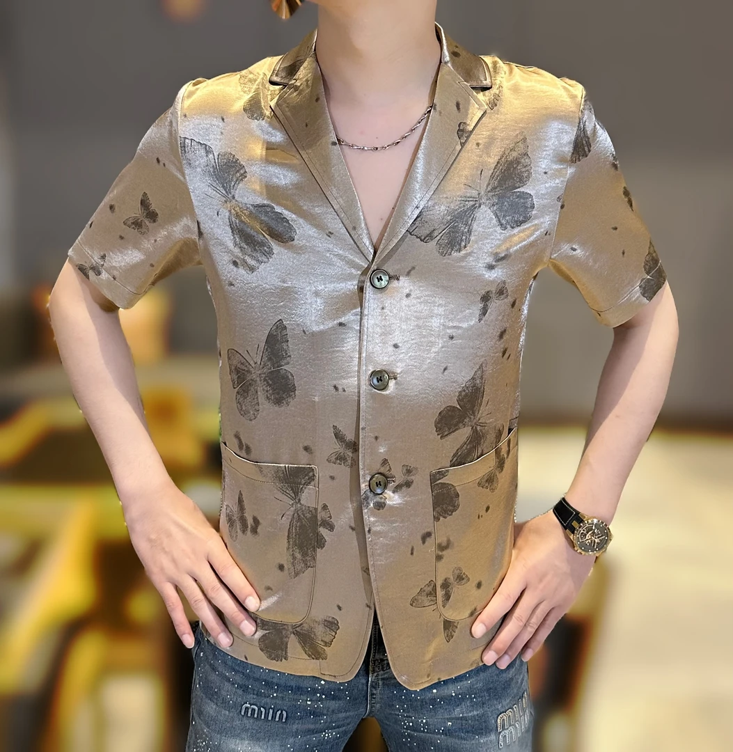 2025夏季新款修身男士高品质休闲个性百搭蝴蝶印花西服短袖T恤