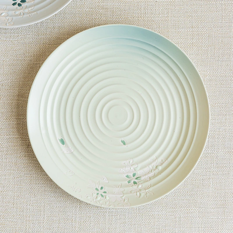 YE HOME 高颜值日式盘子陶瓷浮雕樱花盘家用圆形盘个性菜盘沙拉盘