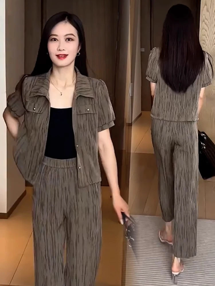 时尚套装女2025夏季新款洋气显瘦减龄小个子短袖上衣阔腿裤两件套