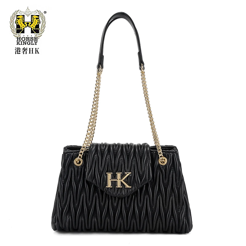 HorseKingly春秋新款女士单肩包时尚褶皱绣线女包1078新款托特包