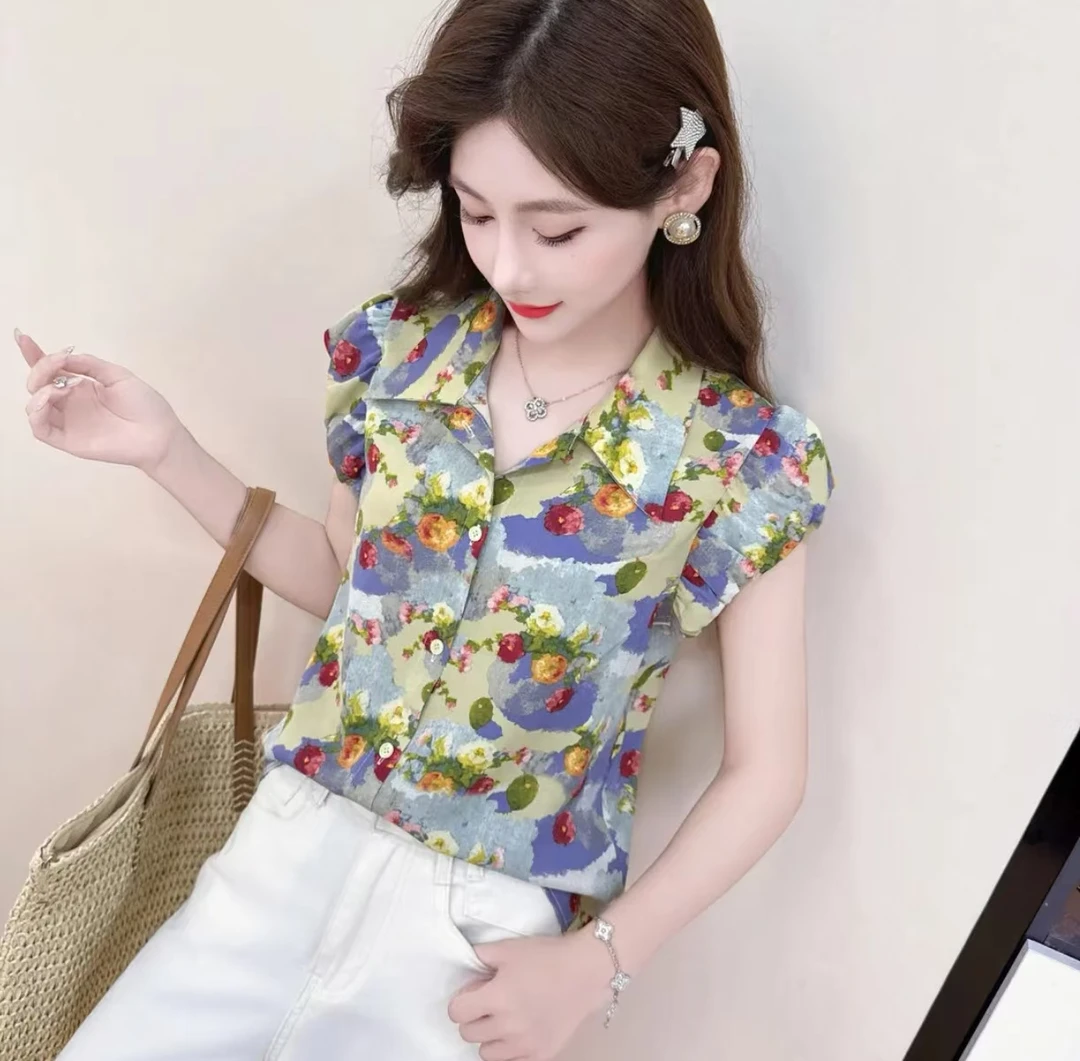 2025港风复古时尚衬衫女装开衫上衣夏季新款显瘦碎花气质短袖印花
