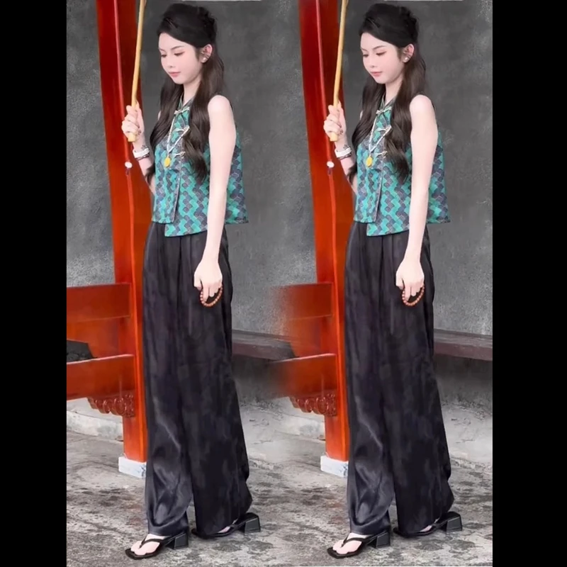 新中式国风时尚套装女夏季洋气盘扣提花无袖马甲上衣阔腿裤两件套