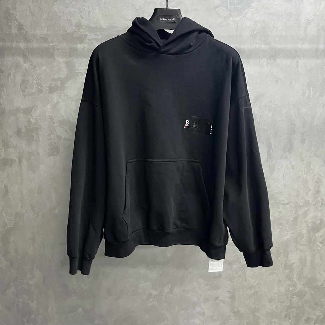 99新 Balenciaga/巴黎世家 黑色logo图案印花连帽卫衣/xl码