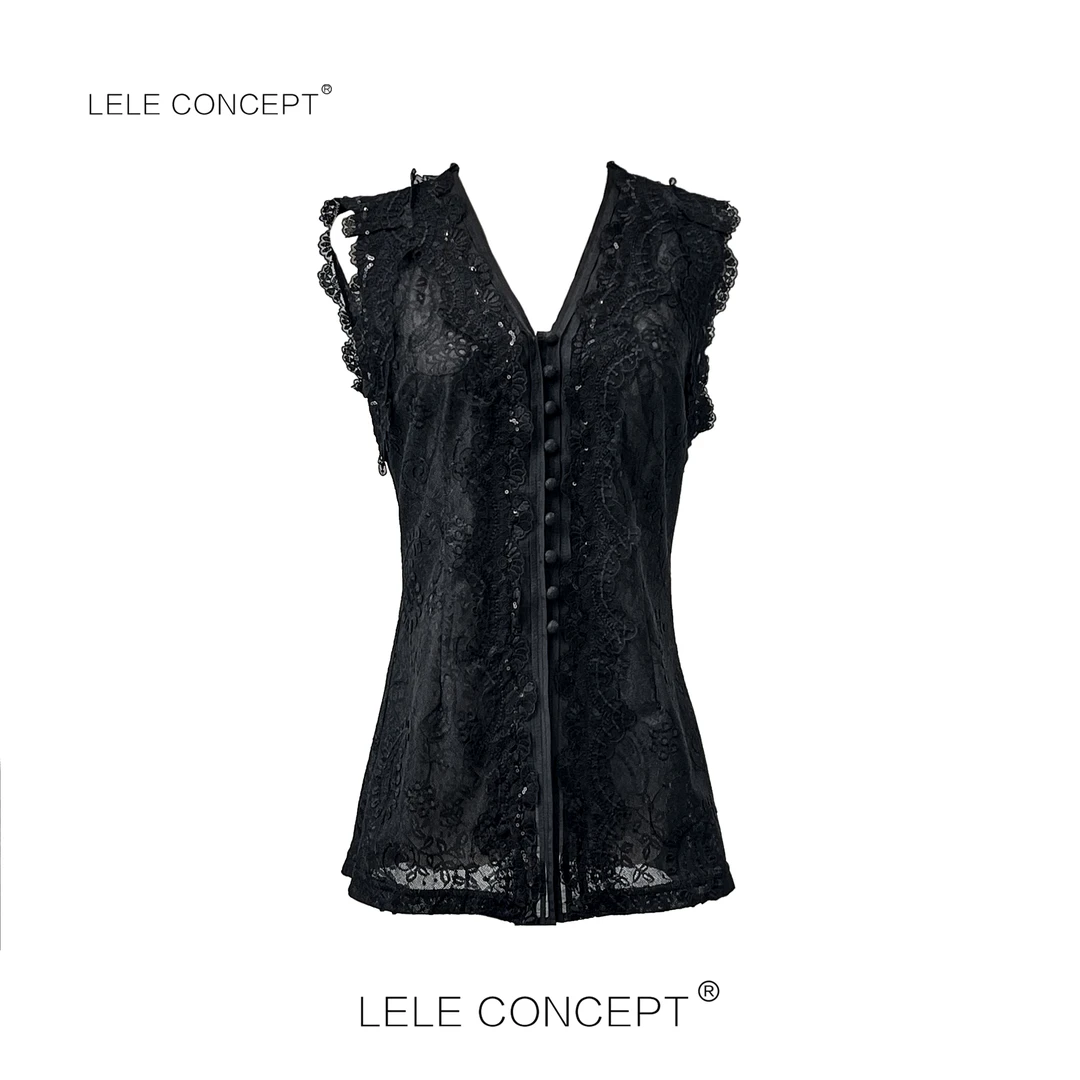 LELE CONCEPT丨个性高级感V领蕾丝花无袖上衣S0872